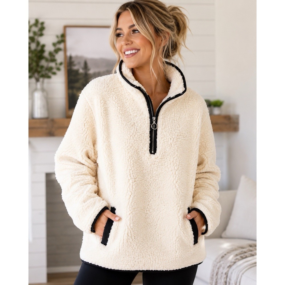 Thread + Supply Sherpa Ivory 1/4 Zip Pullover Size Women's Medium Pockets Cozy‎